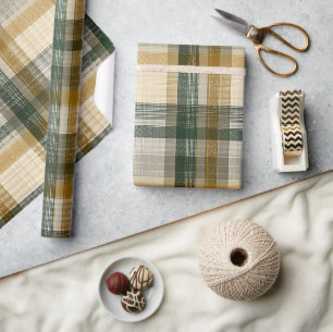 Earthy Khaki Green Safari Sand Plaid Pattern Wrapping Paper