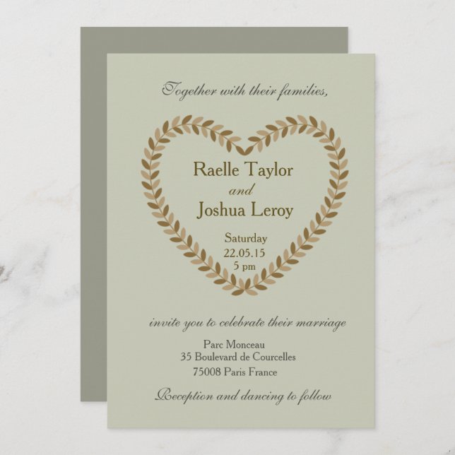 Earthy leaves heart olive fall wedding invitation (Front/Back)