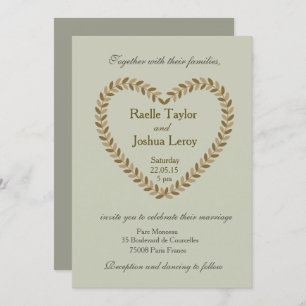 Earthy leaves heart olive fall wedding invitation