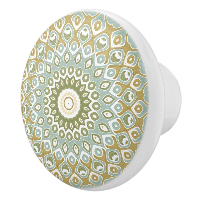 Earthy Mandala in Green, Gold, and Soft Blue Ceramic Knob (Right)