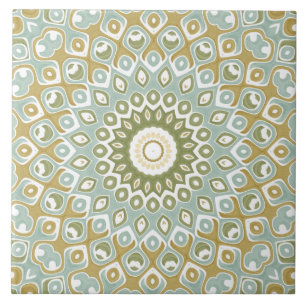 Earthy Mandala in Green, Gold, and Soft Blue Ceramic Tile