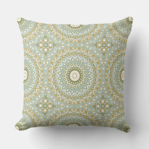 Earthy Mandala in Green, Gold, and Soft Blue Cushion