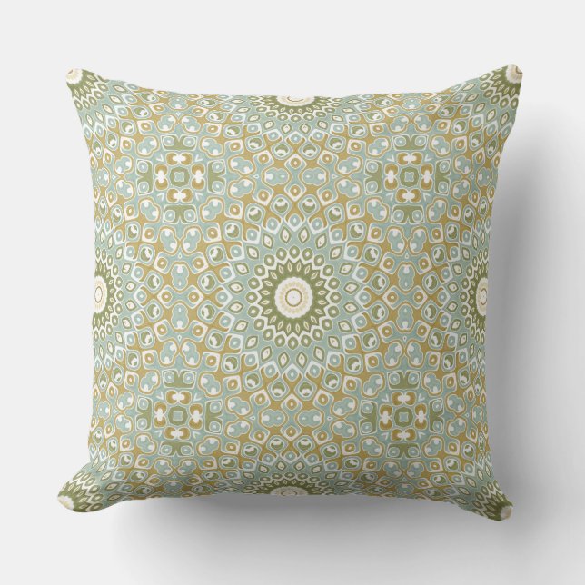 Earthy Mandala in Green, Gold, and Soft Blue Cushion (Front)