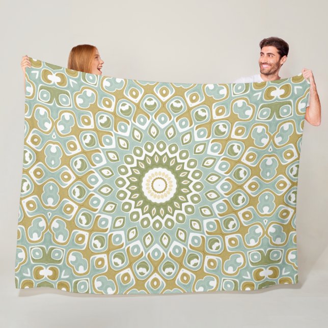 Earthy Mandala in Green, Gold, and Soft Blue Fleece Blanket (In Situ)
