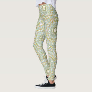 Earthy Mandala in Green, Gold, and Soft Blue Leggings