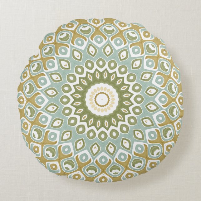 Earthy Mandala in Green, Gold, and Soft Blue Round Cushion (Front)