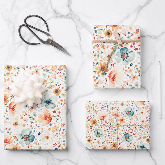 Earthy Meadow Wildflowers Pattern Boho Elegant Wrapping Paper Sheet (Front)