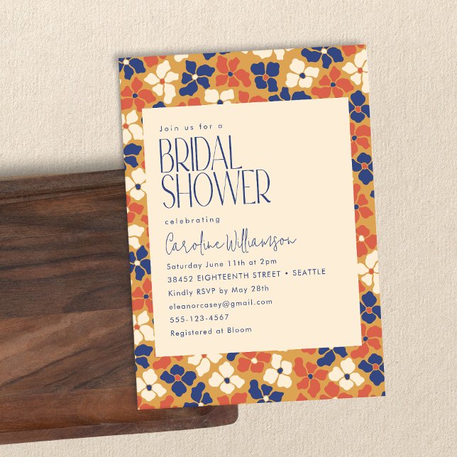 Earthy Modern Blue Yellow Red Floral Bridal Shower Invitation (Creator Uploaded)