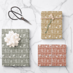 Earthy Moss Green Ochre Terracotta Floral Meadow Wrapping Paper Sheet