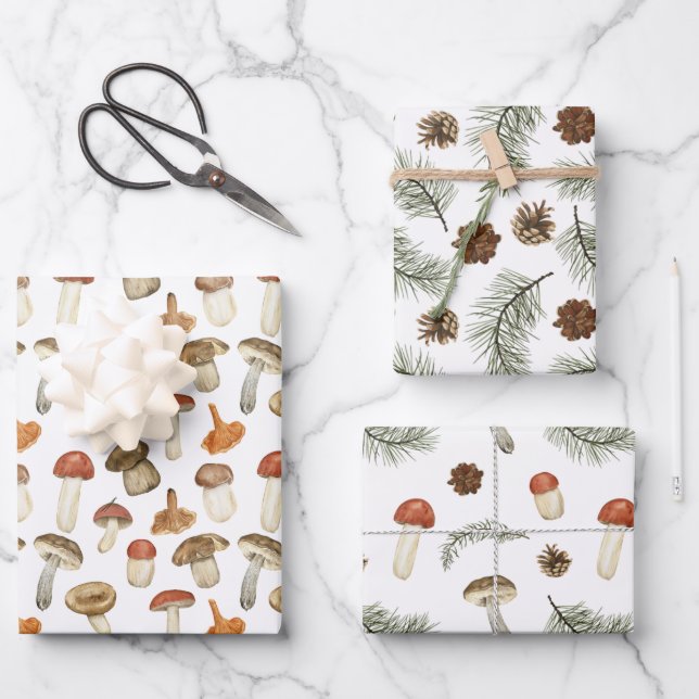 Earthy Mushrooms Pine Tree Branch Pinecones Gift  Wrapping Paper Sheet (Front)