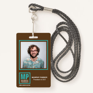 Earthy Natural Brown Turquoise Monogram Logo Photo ID Badge