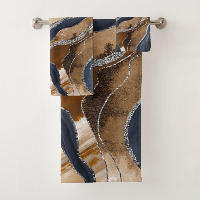 Earthy Navy Blue Marble Agate Silver Glitter 1 Bath Towel Set (Insitu)