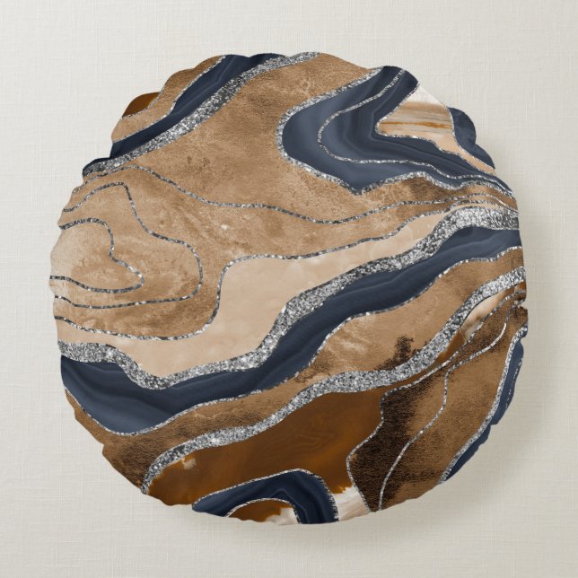 Earthy Navy Blue Marble Agate Silver Glitter 1 Round Cushion (Front)