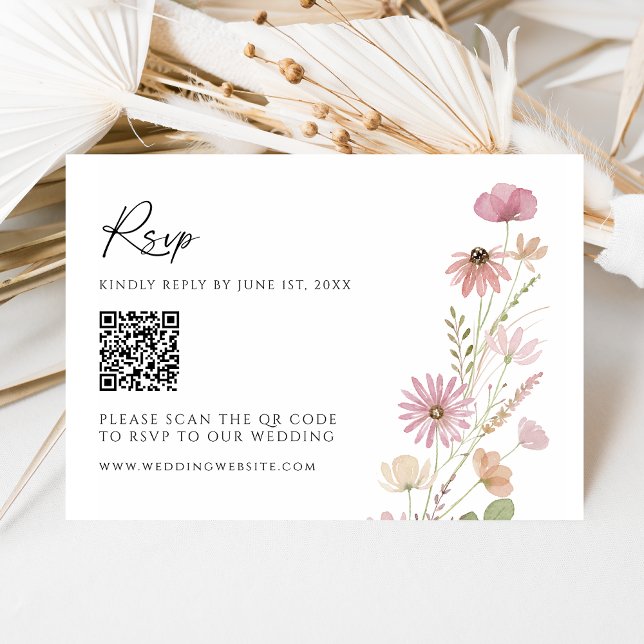 Earthy Neutral Wildflower QR Code Wedding RSVP Card (Creator Uploaded)