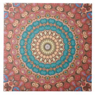 Earthy Neutrals Mandala Kaleidoscope Medallion Ceramic Tile