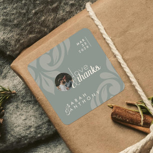Earthy Olive Classic Damask Elegant Photo Wedding Square Sticker