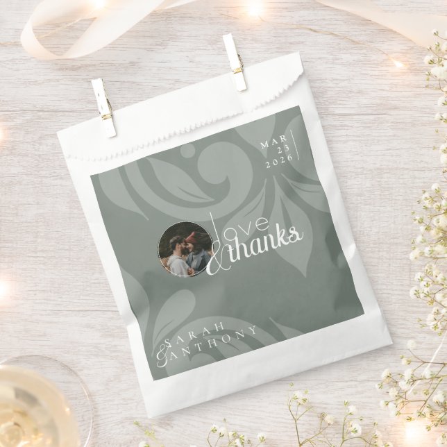Earthy Olive Classic Damask Photo Wedding Favour Bag (Clipped)