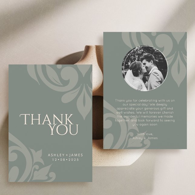 Earthy Olive Classy Elegant Damask Photo Wedding  Thank You Card (Creator Uploaded)
