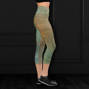 Earthy Olive Strata   Green and Gold Ink Agate Capri Leggings