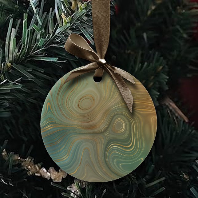 Earthy Olive Strata | Green and Gold Ink Agate Ceramic Ornament (Creator Uploaded)
