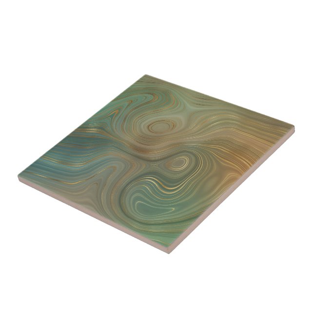 Earthy Olive Strata | Green and Gold Ink Agate Ceramic Tile (Side)