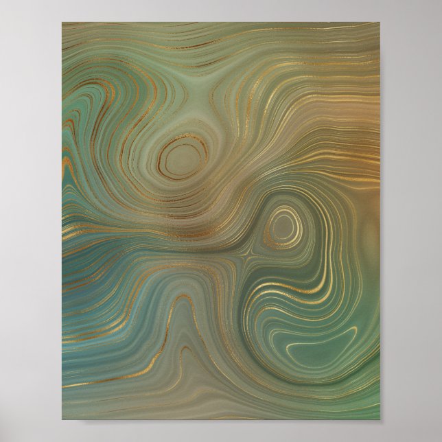 Earthy Olive Strata | Green and Gold Ink Agate Poster (Front)