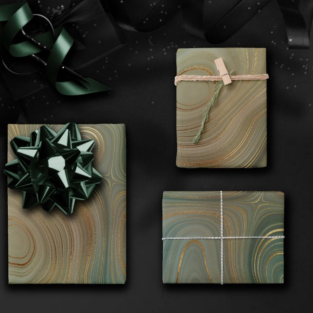 Earthy Olive Strata | Green and Gold Ink Agate Wrapping Paper Sheet (Creator Uploaded)