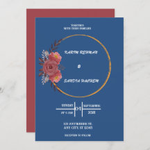 Earthy Orange Roses Floral Navy Blue Wedding Invi