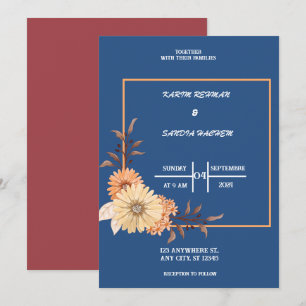 Earthy Orange Roses Floral Navy Blue Wedding  Invitation