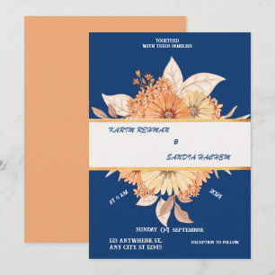 Earthy Orange Roses Floral Navy Blue Wedding Invitation