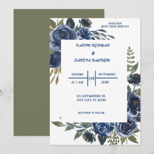 Earthy Orange Roses Floral Navy Blue Wedding Invitation