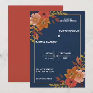 Earthy Orange Roses Floral Navy Blue Wedding Invitation