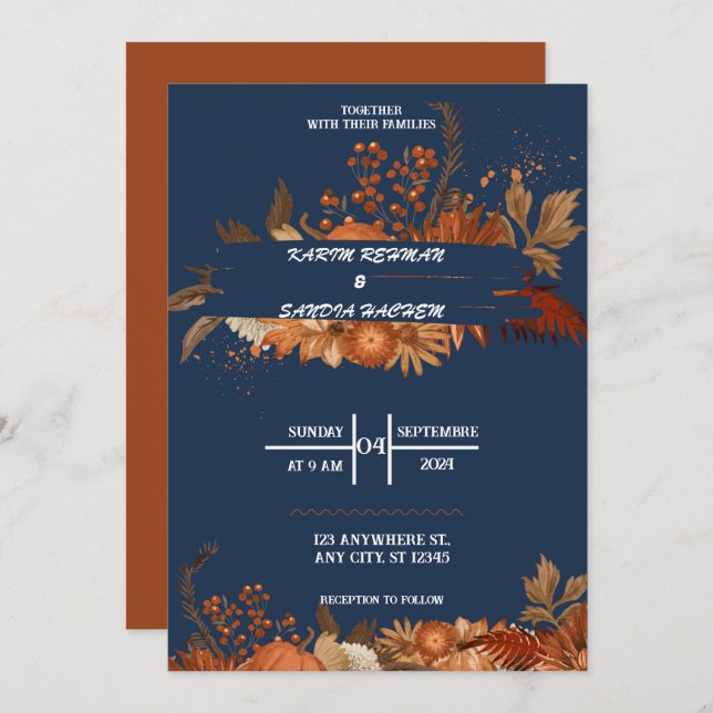 Earthy Orange Roses Floral Navy Blue Wedding  Invitation (Front/Back)