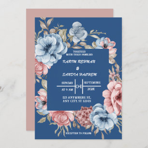 Earthy Orange Roses Floral Navy Blue Wedding  Invitation