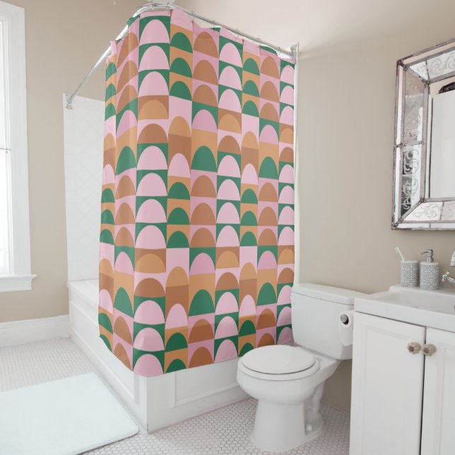 Earthy Pink and Green Geometric Shapes Pattern Shower Curtain (In Situ)