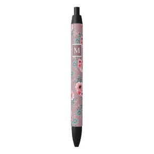 Earthy Pink Chic Watercolour Floral Monogram Black Ink Pen