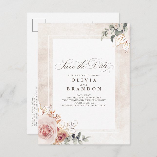 Earthy Pink Floral Elegant Save The Date Announcement Postcard (Front/Back)
