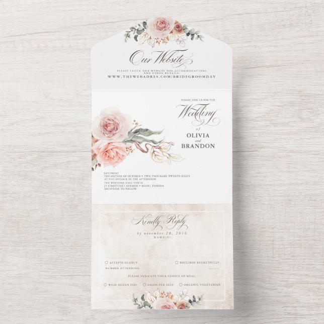 Earthy Pink Flowers Elegant Boho Wedding All In One Invitation (Inside)