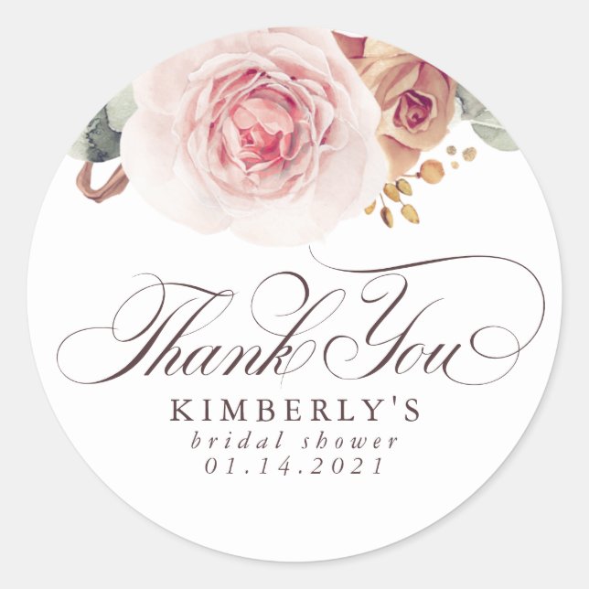 Earthy Pink Flowers Elegant Thank You Classic Round Sticker (Front)