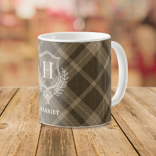 Earthy Plaid Monogram Initial Tartan Coffee Mug