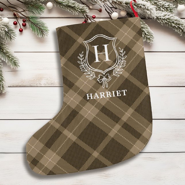 Earthy Plaid Monogram Initial Tartan Large Christmas Stocking (Creator Uploaded)