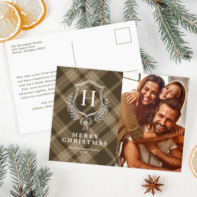 Earthy Plaid Monogram Photo Christmas Holiday Postcard (Creator Uploaded)