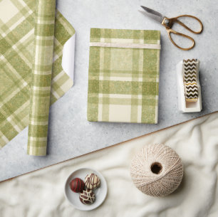 Earthy Plaid Sage & Cream Wrapping Paper