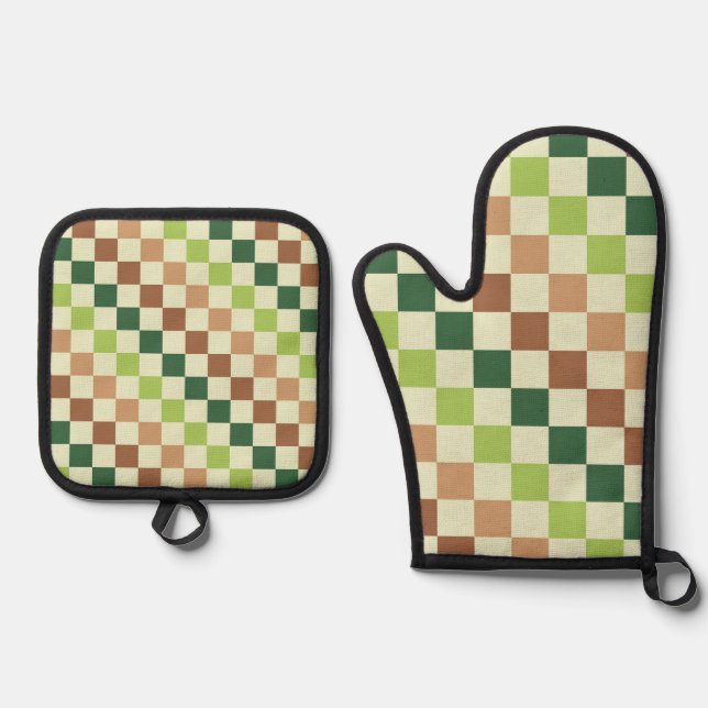 Earthy rainbow diagonal checkerboard pattern oven mitt & pot holder set (Front)