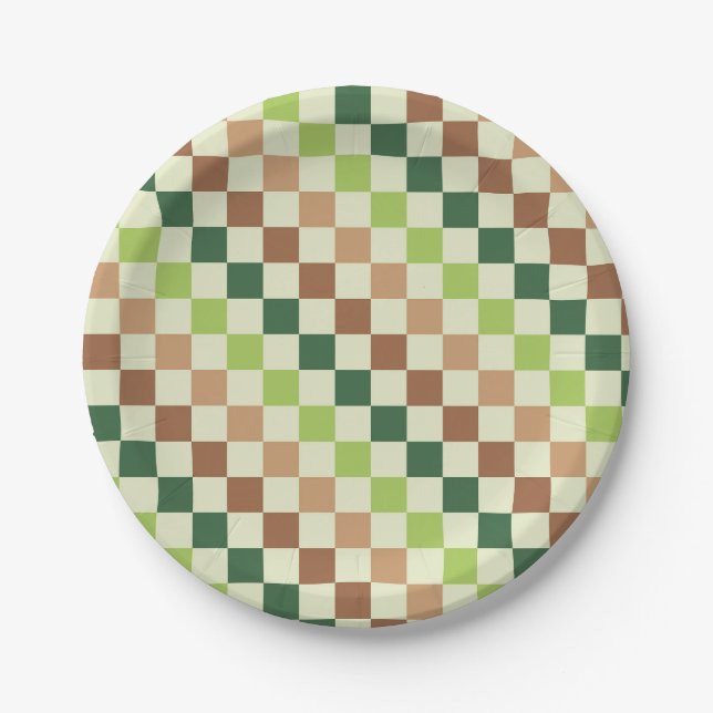 Earthy rainbow diagonal checkerboard pattern paper plate (Front)