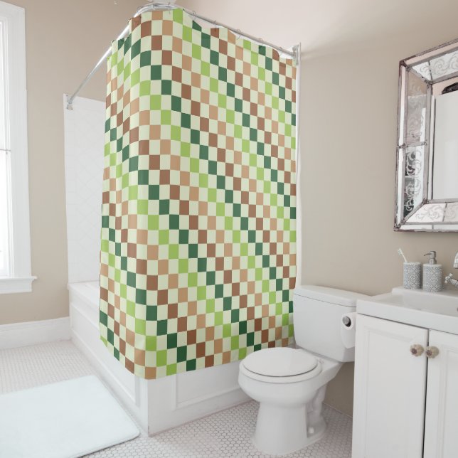 Earthy rainbow diagonal checkerboard pattern shower curtain (In Situ)