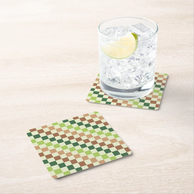 Earthy rainbow diagonal checkerboard pattern square paper coaster (Insitu)