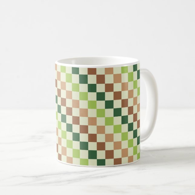 Earthy rainbow diagonal chequerboard pattern coffee mug (Front Right)