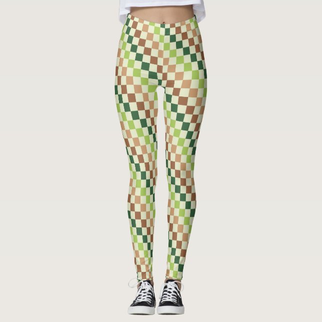 Earthy rainbow diagonal chequerboard pattern leggings (Front)