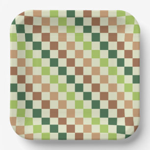 Earthy rainbow diagonal chequerboard pattern paper plate